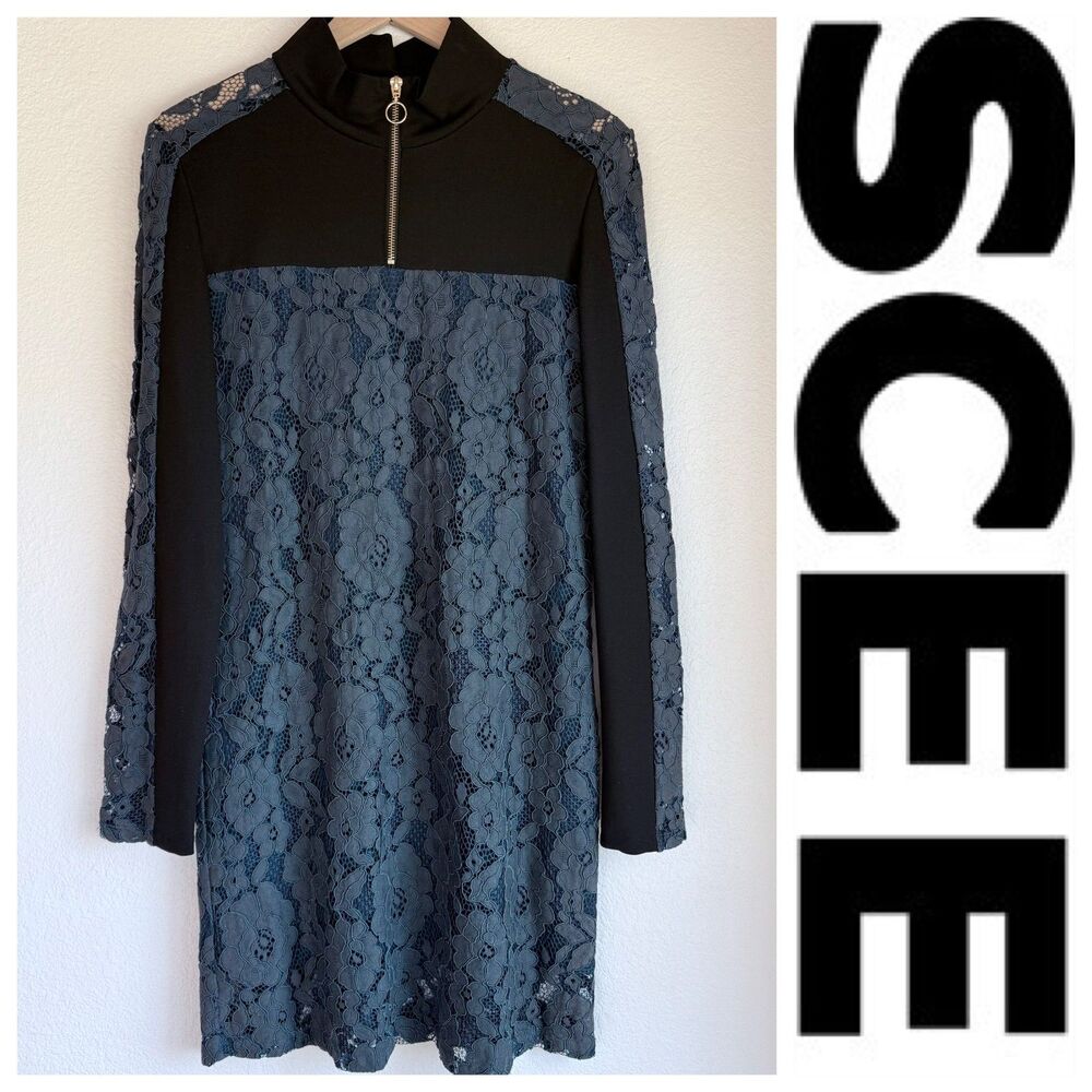 NWT Scee by TWINSET Long Sleeve Lace Quarter Zip Dress in Teal & Black Size M